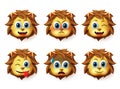 Lion animal emoticon vector set. Lion animals head emoji set with happy and funny face.