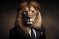 Lion animal head and human business suit. Symbolic boss image. Generative AI