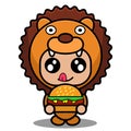 Lion animal mascot costume eating burger Royalty Free Stock Photo