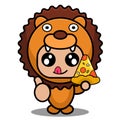 Lion animal mascot costume eating pizza Royalty Free Stock Photo