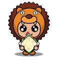 lion animal mascot costume eating sandwich