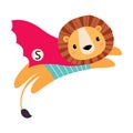 Lion Animal Superhero Dressed in Red Cape Vector Illustration