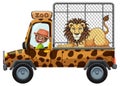 A lion in animal transport vehicle