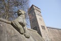 A lion on the animal wall on Castle Street in Cardiff, Wales in the UK