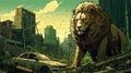 Post-apocalyptic Cityscape: Lion Stands On Broken Car In Anime Style