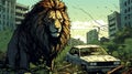 Post-apocalyptic Cityscape: Lion Stands On Broken Car In Anime Style