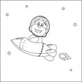 Lion astronaut play with his rocket. Animal in outer space. Vector hand-drawn coloring children`s illustration. Creative vector Royalty Free Stock Photo