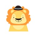 Lion in a black bowler hat, funny face, cute cartoon animal character avatar vector Illustration on a white background