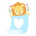 Lion With Blue Parchment Vector Sticker, Template St. Valentines Day Message Element Missing Text With Cute Animal