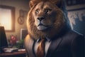 Lion the boss in an office suit sits at his desk working on the computer in the office. Royalty Free Stock Photo