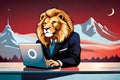 Lion Boss Working On His Laptop, On A Red Background. Lion Head Is . Generative AI