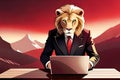 Lion Boss Working On His Laptop, On A Red Background. Lion Head Is . Generative AI