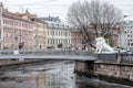 Lion Bridge across Griboedov Canal in winter, St.PetersburgLion