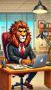 Lion in a business suit, working in an office in front of a laptop, animated style. AI Generated