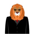 Lion businessman in black business suit. predator with Large ma