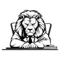 Lion businessman is working with documents in the office. Black and white