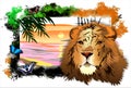 Lion with butterflies amid a landscape in abstract frame. Vector