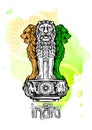 Lion capital of Ashoka in Indian flag color. Emblem of India. Watercolor texture backdrop