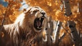 Hyper Realistic Lion Feeding In Aspen Tree Grove Royalty Free Stock Photo
