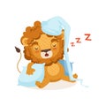 Lion cartoon character wearing nightcap and sleeping on two pillows. Flat design vector illustration isolated on white