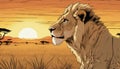 A lion in a cartoon image looking at the sunset