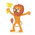 Lion character is holding a winner cup in his paw. Smiling cartoon animal. Vector