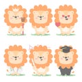 lion character set collection mascot cute animal king in love doctor teacher graduate with flat cartoon style