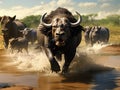 lion chased by water buffalos