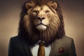 Lion with a chic mane in a business suit. AI Generated