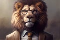 Lion with a chic mane and stylish glasses in a business suit. AI Generated