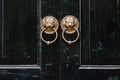 Lion chinese door knockers on a black door Royalty Free Stock Photo
