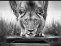 Lion Close-up looking into the camera, black and white Royalty Free Stock Photo