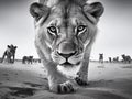 Lion Close-up looking into the camera, black and white Royalty Free Stock Photo