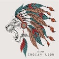 Lion in the colored Indian roach. Indian feather headdress of eagle
