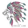 Lion in the colored Indian roach. Indian feather headdress of eagle