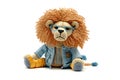 Lion with cool clothes isolated on white, stuffed toy, illustration ai