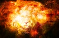 Lion in the cosmic space. Lion photos and graphic effect. Royalty Free Stock Photo