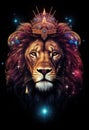 Lion with crown in cosmic space.