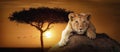 Lion Cub African Sunset Scene Web Banner Royalty Free Stock Photo