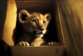 lion cub in a cardboard box, cats like boxes Royalty Free Stock Photo