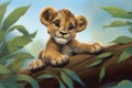 Lion Cub Heart Oil Sitting Tree Branch Jungle Card Illustration Cutie Cartoon Fetus Wild Eyes