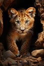 Lion cub king in cave. Baby illustration, AI Generative Royalty Free Stock Photo