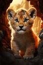 Lion cub king in cave. Baby illustration, AI Generative Royalty Free Stock Photo