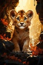 Lion cub king in cave. Baby illustration, AI Generative Royalty Free Stock Photo