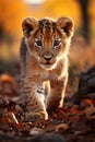 Lion cub king in nature. Baby illustration, AI Generative Royalty Free Stock Photo