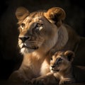 Lion cub and lioness. AI generative