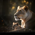 Lion cub and lioness. AI generative.