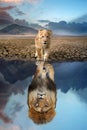 Lion cub looking the reflection of an adult lion in the water