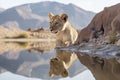 Lion cub looking the reflection of an adult lion in the water on a background of mountains Royalty Free Stock Photo