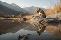 Lion cub looking the reflection of an adult lion in the water on a background of mountains Royalty Free Stock Photo